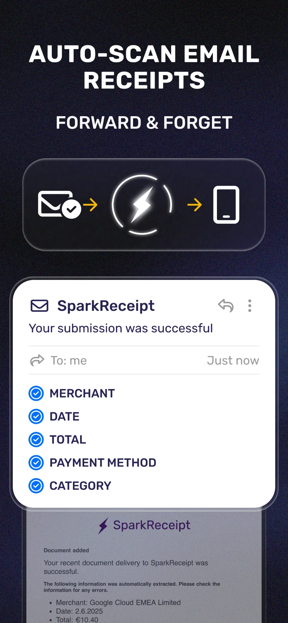 SparkReceipt confirming a forwarded email receipt, with the merchant, date, total, payment method and category read automatically