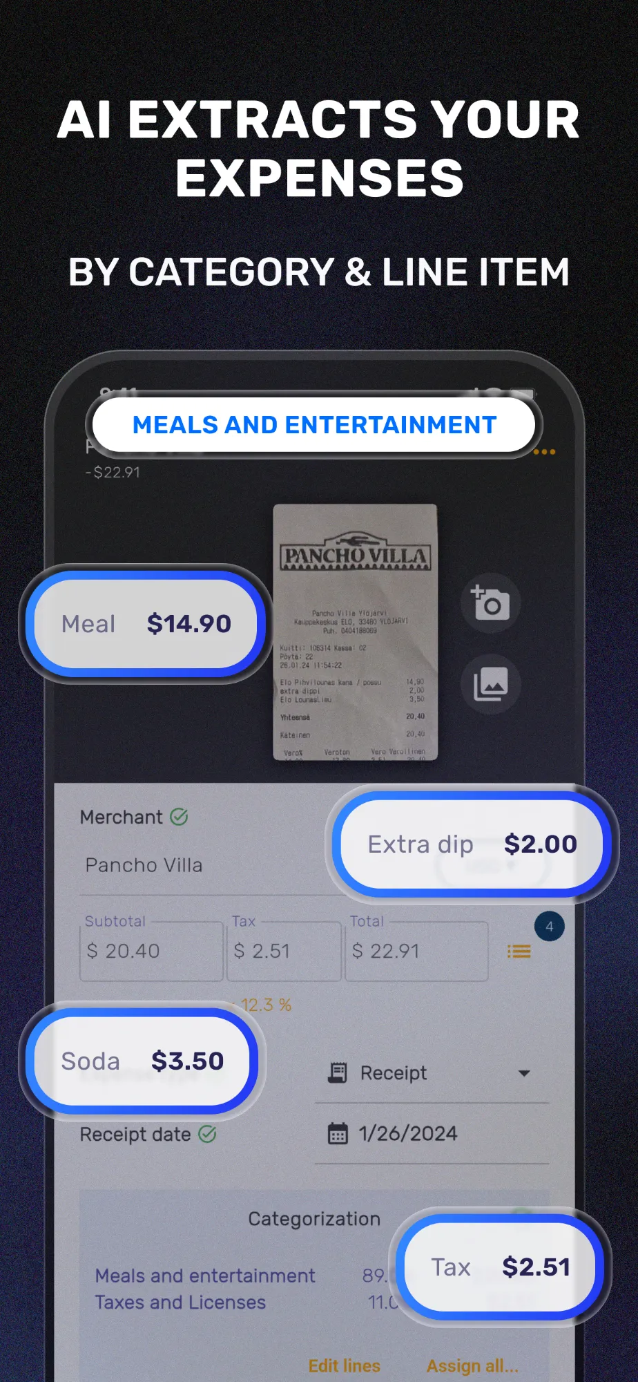 SparkReceipt scanning a restaurant receipt and splitting it into line items: meal $14.90, extra dip $2.00, soda $3.50 and tax $2.51