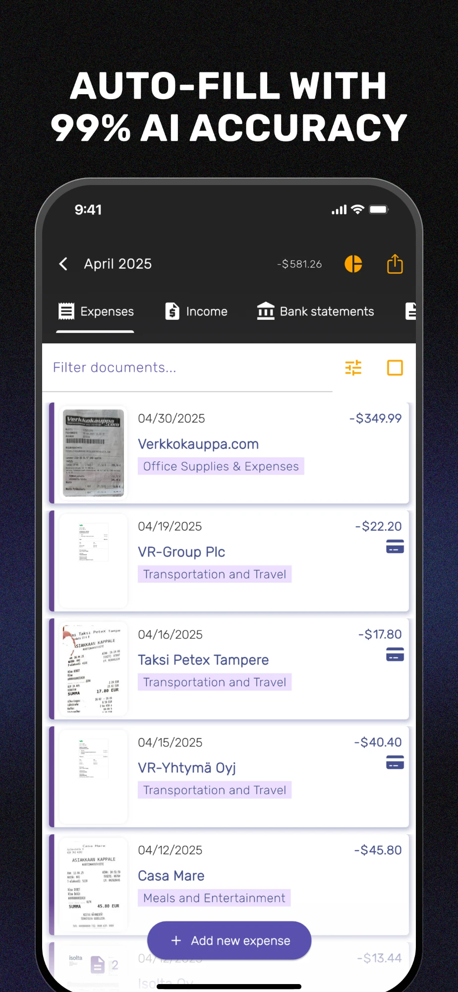 SparkReceipt phone app listing April expenses by merchant, each with a date, amount and category such as transportation or office supplies