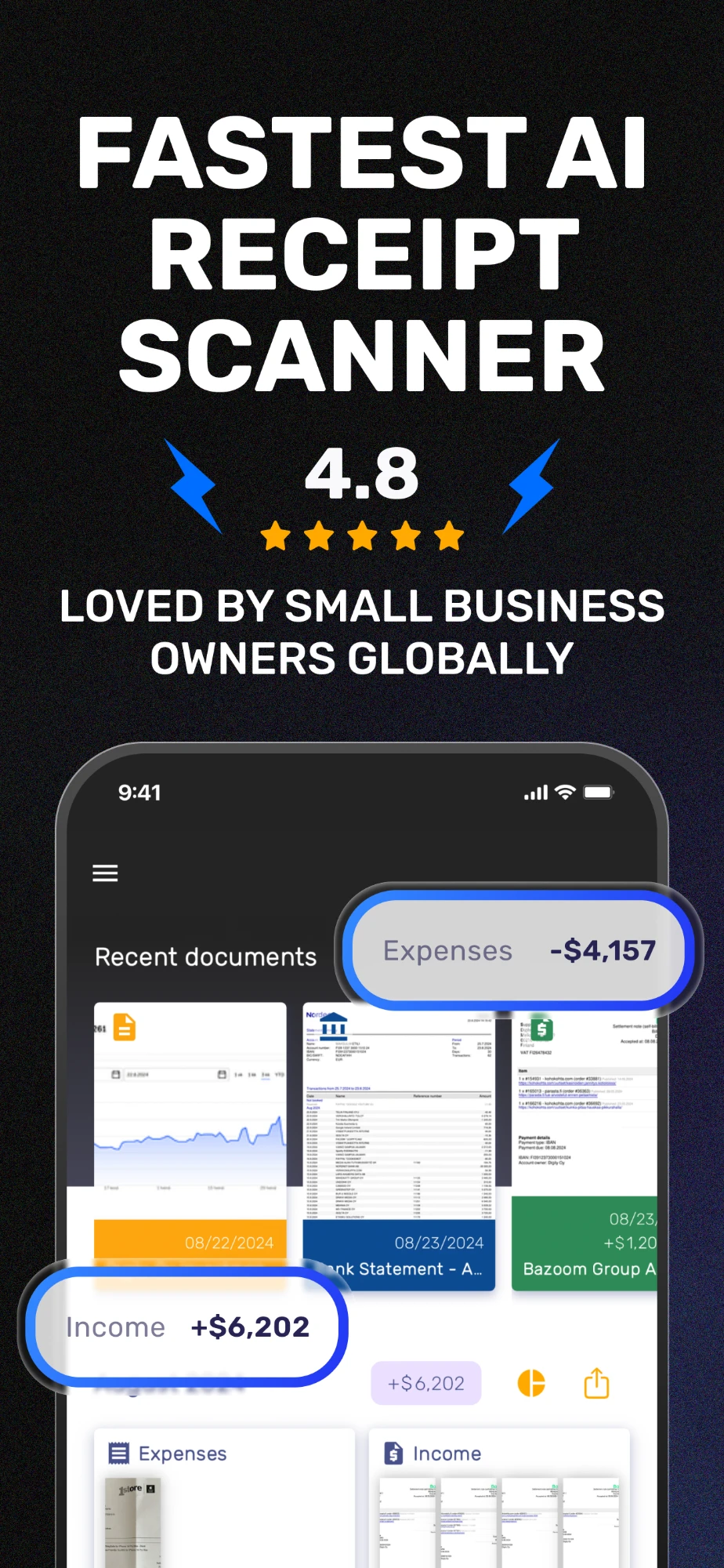 SparkReceipt phone app home screen showing recent documents, with expenses of $4,157 and income of $6,202 in the month
