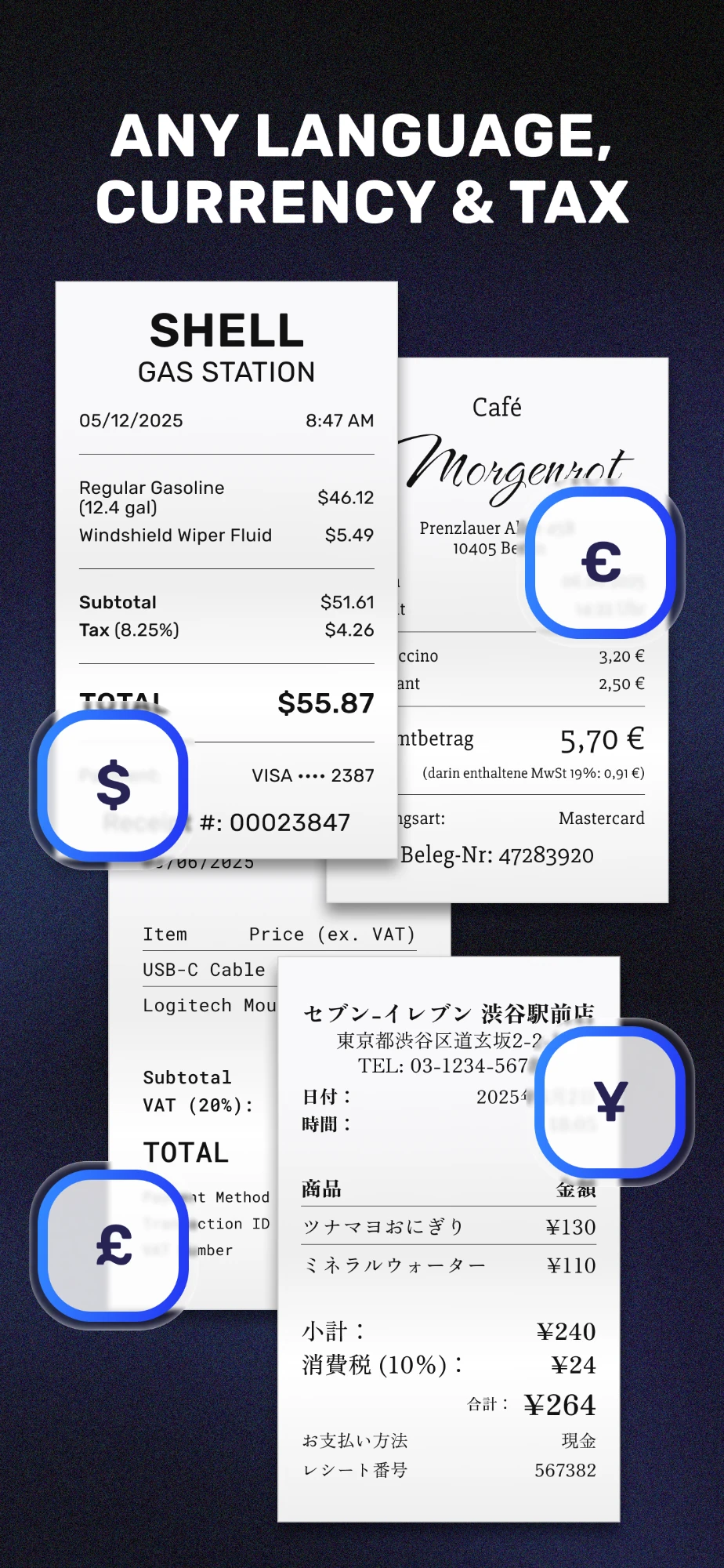 Receipts in different languages and currencies, a US gas station in dollars, a German cafe in euros, a UK store in pounds and a Japanese shop in yen, which SparkReceipt reads