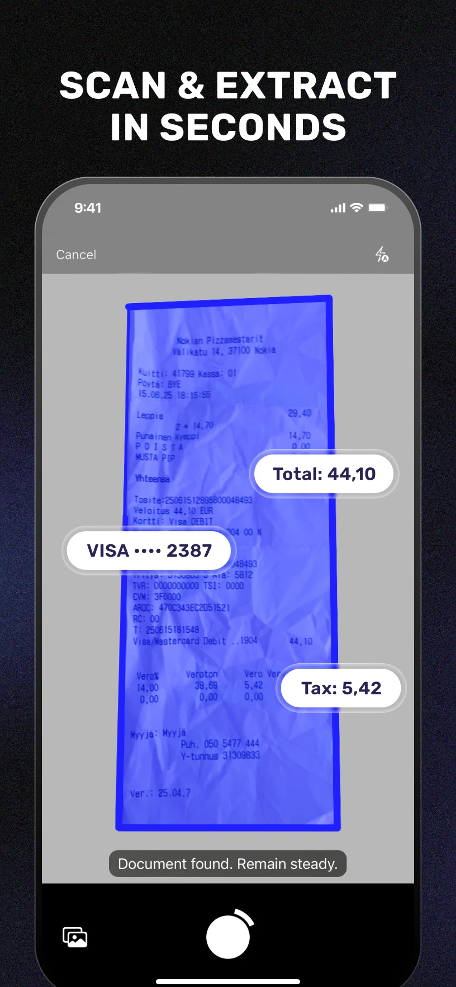 SparkReceipt camera view outlining a crumpled paper receipt and reading its total, card number and tax