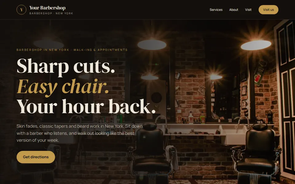 Example design for a barbershop: the top of the home page, with the placeholder name "Your Barbershop"