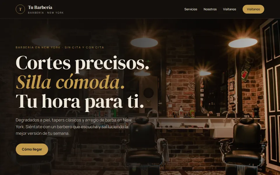 Diseño de ejemplo para barbería: la parte de arriba de la página de inicio, con el nombre de ejemplo «Tu Barbería»