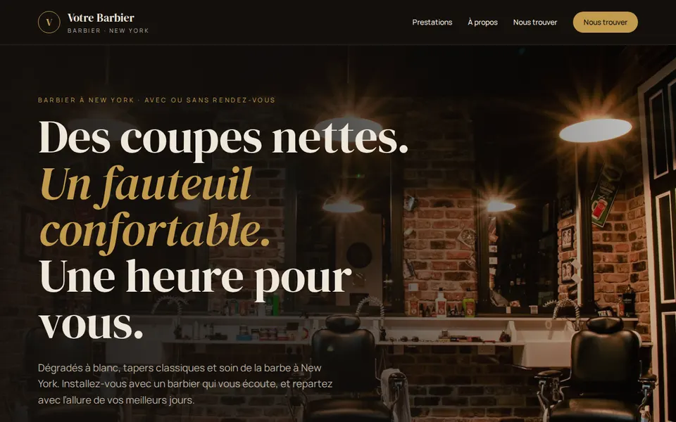 Modèle d’exemple pour barbier : le haut de la page d’accueil, avec le nom d’exemple « Votre Barbier »