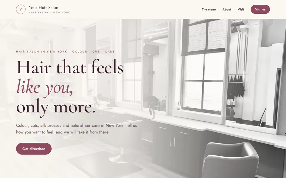 Example design for a hair salon: the top of the home page, with the placeholder name "Your Hair Salon"