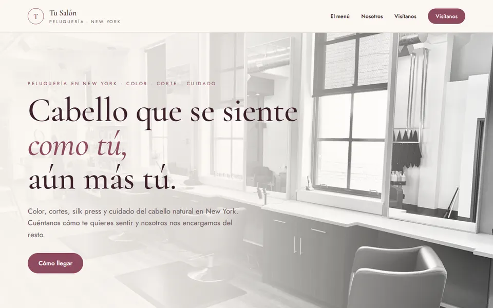 Diseño de ejemplo para peluquería: la parte de arriba de la página de inicio, con el nombre de ejemplo «Tu Salón»