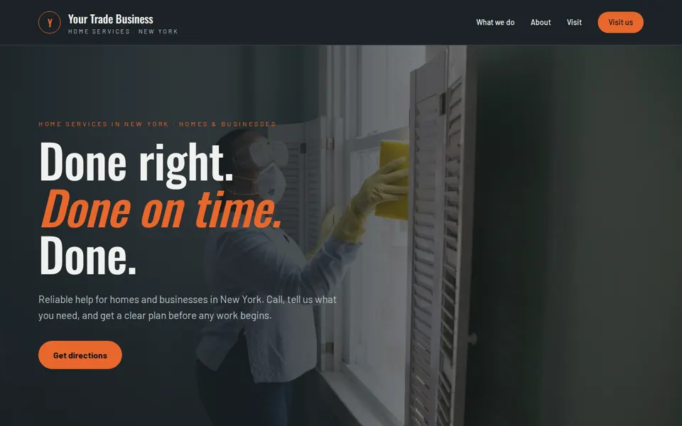 Example design for a trades & home services: the top of the home page, with the placeholder name "Your Trade Business"