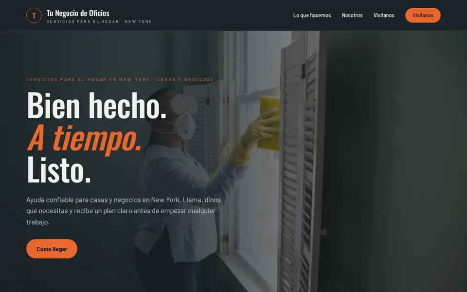 Diseño de ejemplo para oficios y servicios para el hogar: la parte de arriba de la página de inicio, con el nombre de ejemplo «Tu Negocio de Oficios»