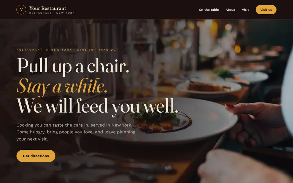 Example design for a restaurant: the top of the home page, with the placeholder name "Your Restaurant"