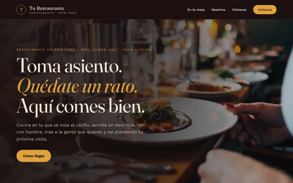 Diseño de ejemplo para restaurante: la parte de arriba de la página de inicio, con el nombre de ejemplo «Tu Restaurante»